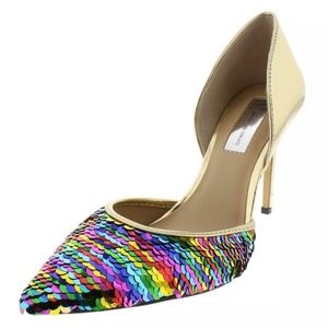 I.N.C. Koree D’orsay gold/multicolor sequin heels